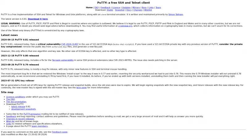 Homepage of PuTTY