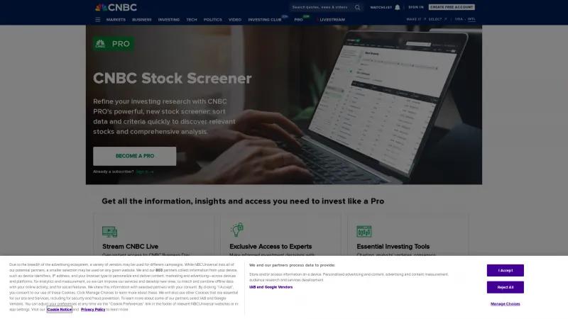 Homepage of CNBC Stock Screener