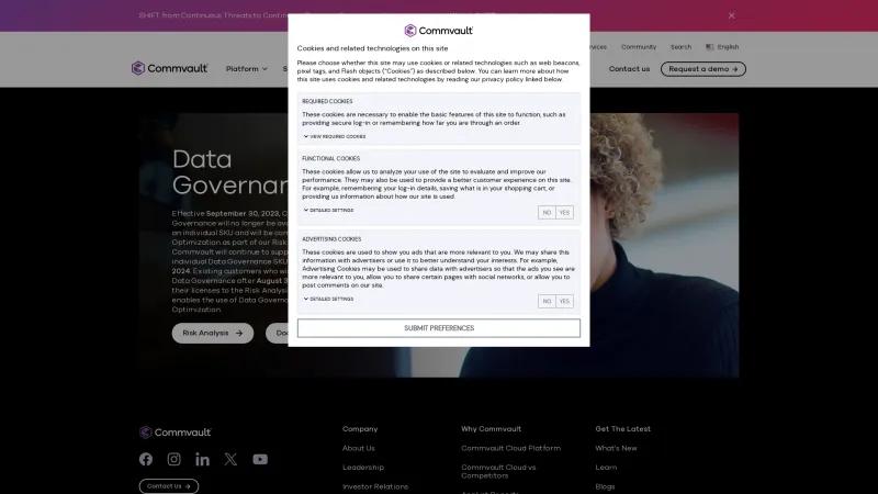 Homepage of Commvault Data Governance