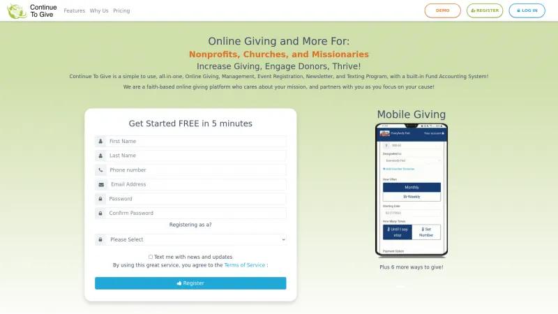 Homepage of Continue to Give