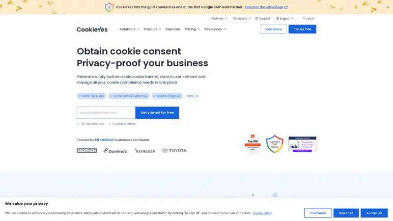 Homepage of CookieYes