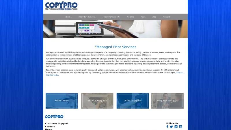 Homepage of CopyPro Managed Print Services