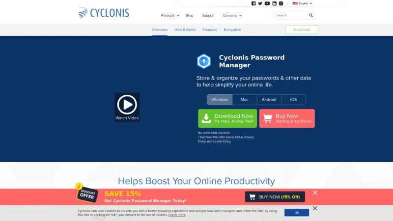 Homepage of Cyclonis Password Manager