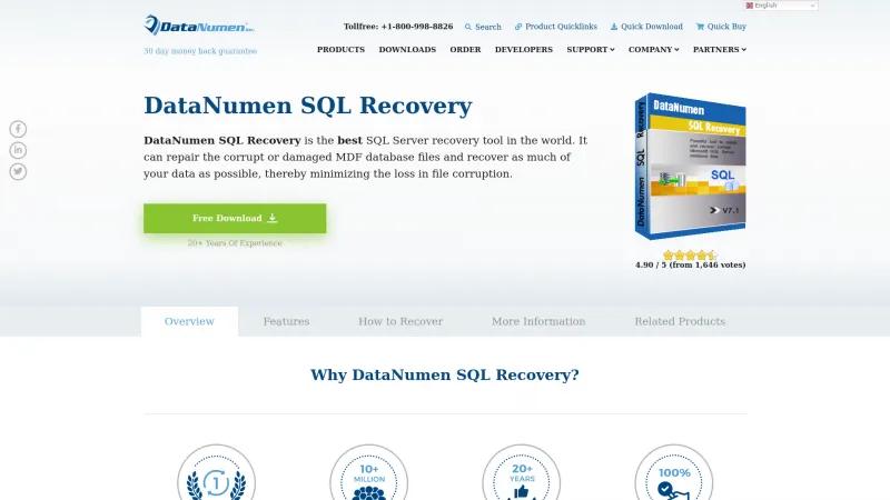 Homepage of DataNumen SQL Recovery