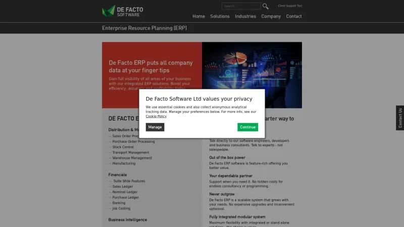 Homepage of De Facto ERP