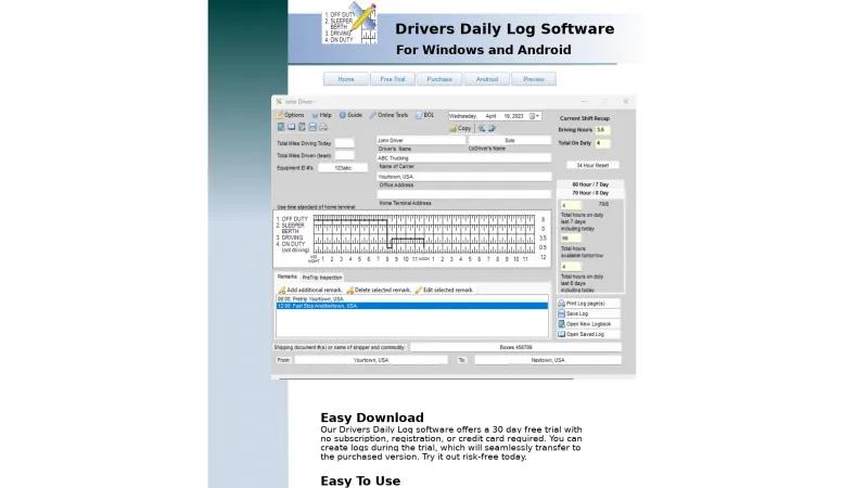 Homepage of Drivers Daily Log