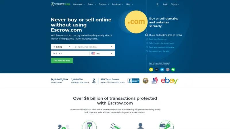 Homepage of Escrow.com