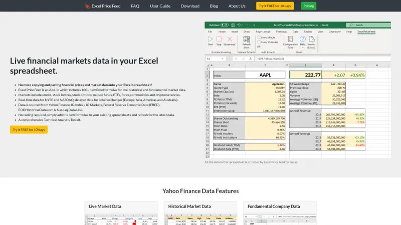 Homepage of Excel Price Feed