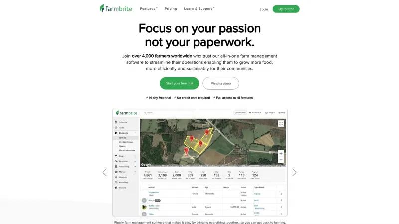 Homepage of Farmbrite