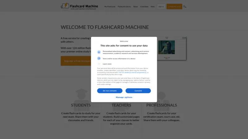 Homepage of Flashcard Machine