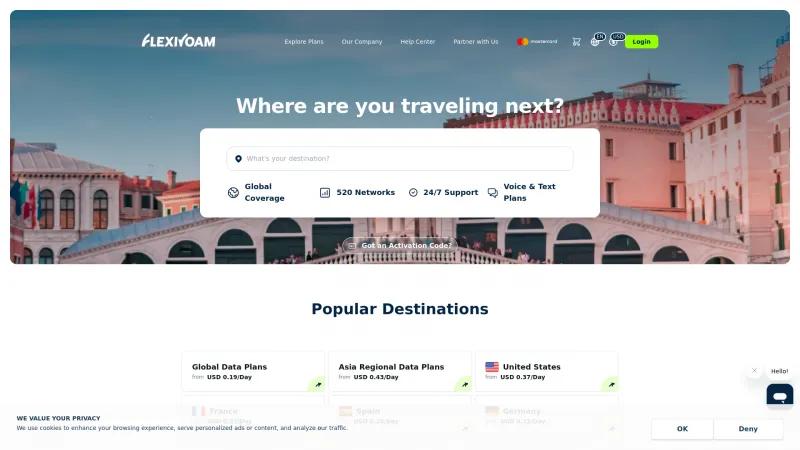 Homepage of FlexiRoam