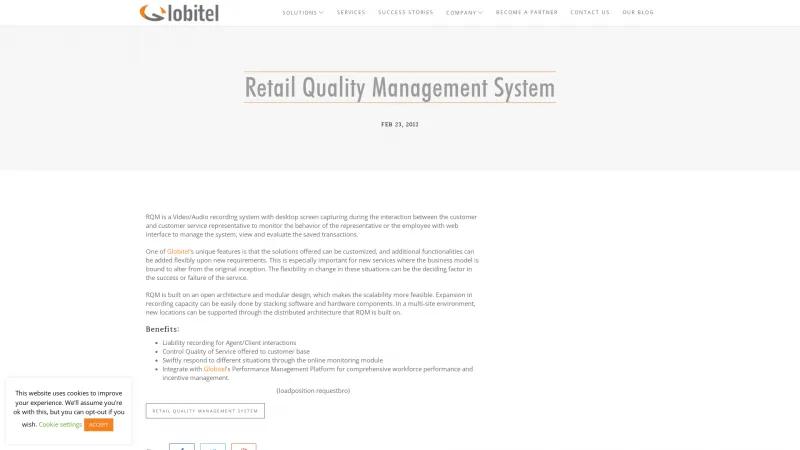 Homepage of Globitel Retail Quality Management (RQM)