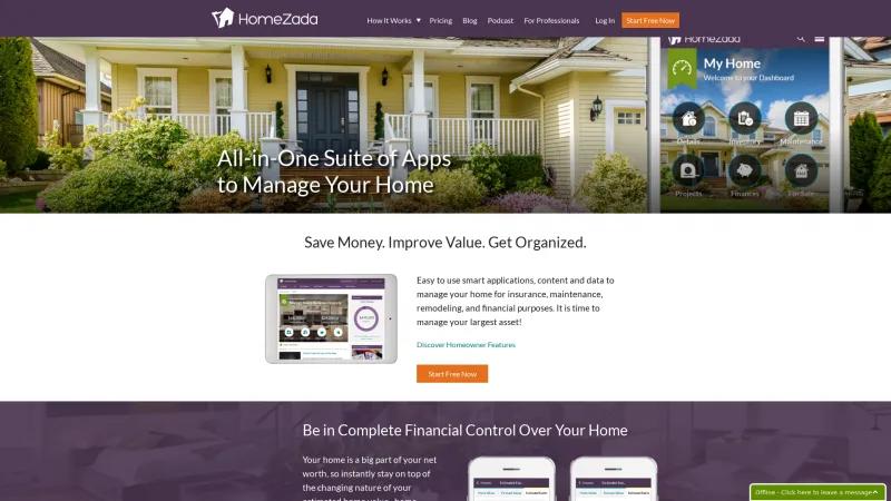 Homepage of HomeZada