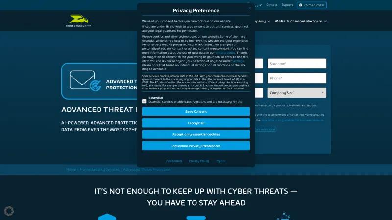 Homepage of Hornetsecurity Advanced Threat Protection