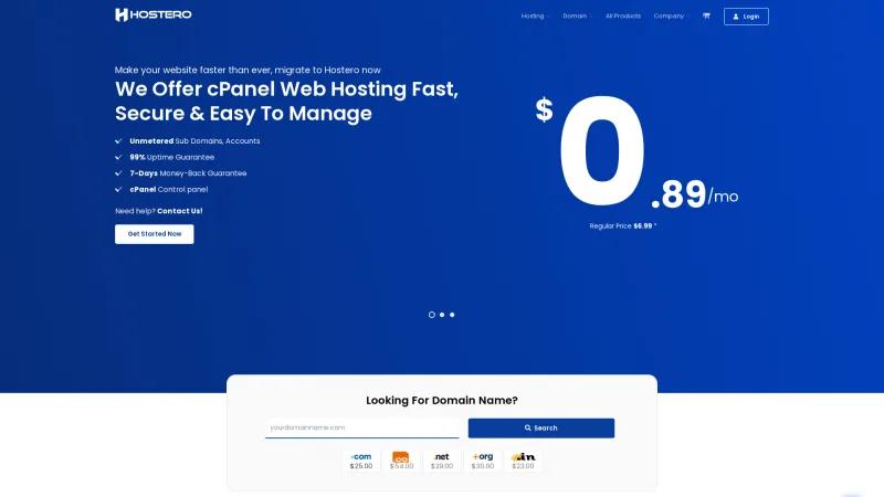 Homepage of Hostero Web Hosting