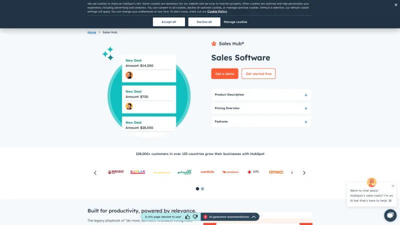 Homepage of HubSpot Sales Hub