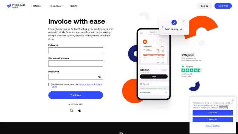 Homepage of Invoice2go