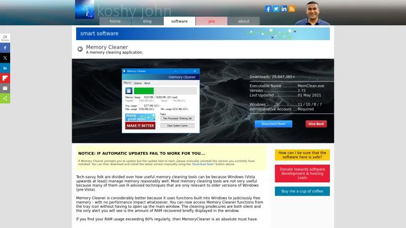 Homepage of Memory Cleaner