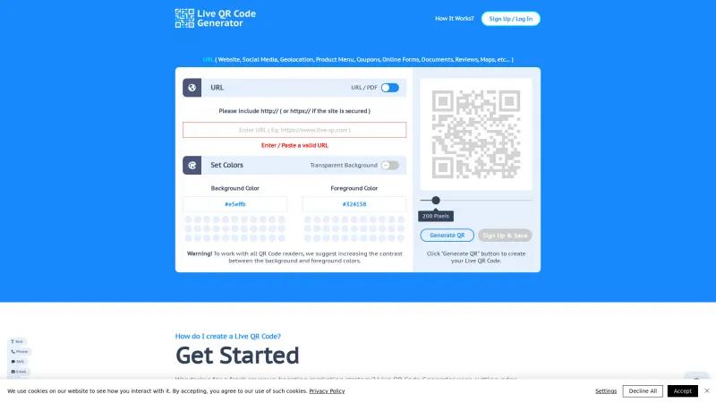 Homepage of Live QR Code Generator