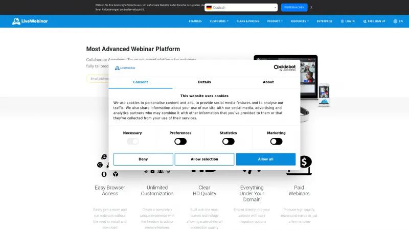 Homepage of LiveWebinar