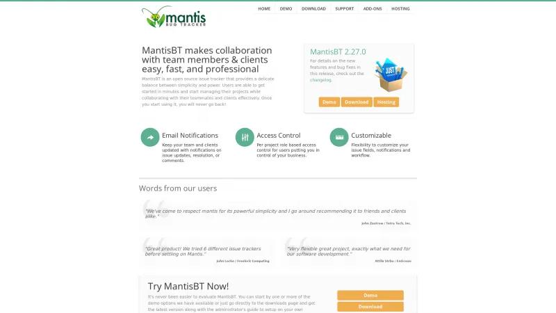 Homepage of MantisBT