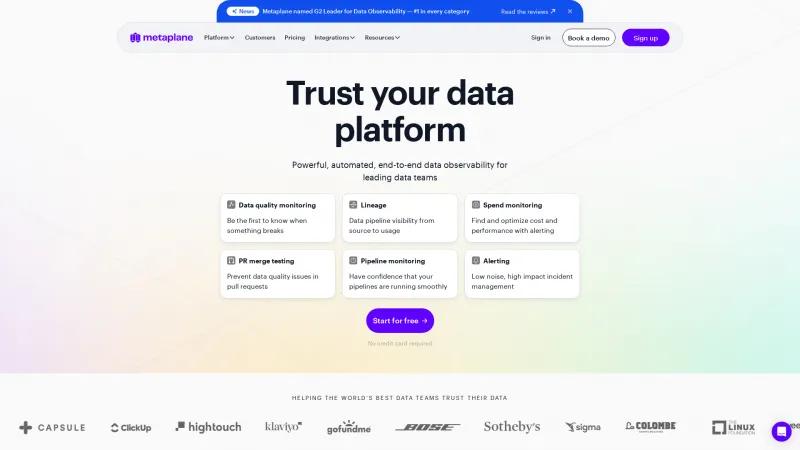 Homepage of Metaplane