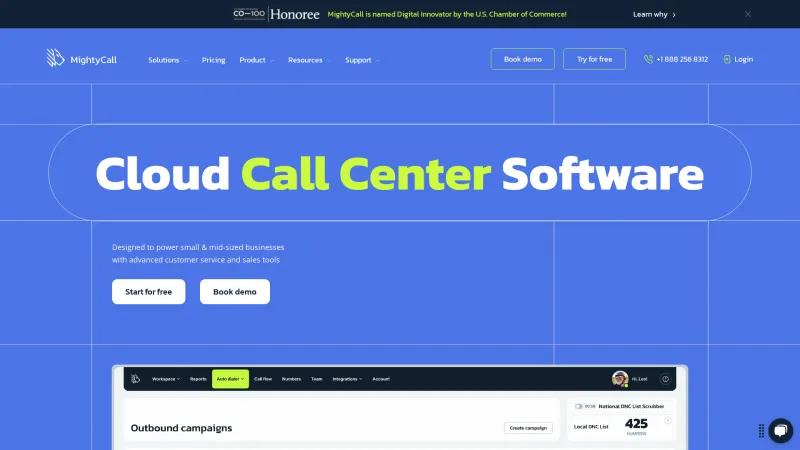 Homepage of MightyCall