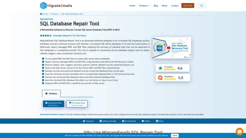 Homepage of MigrateEmails SQL Database Repair Tool