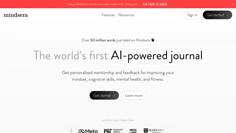 Homepage of Mindsera