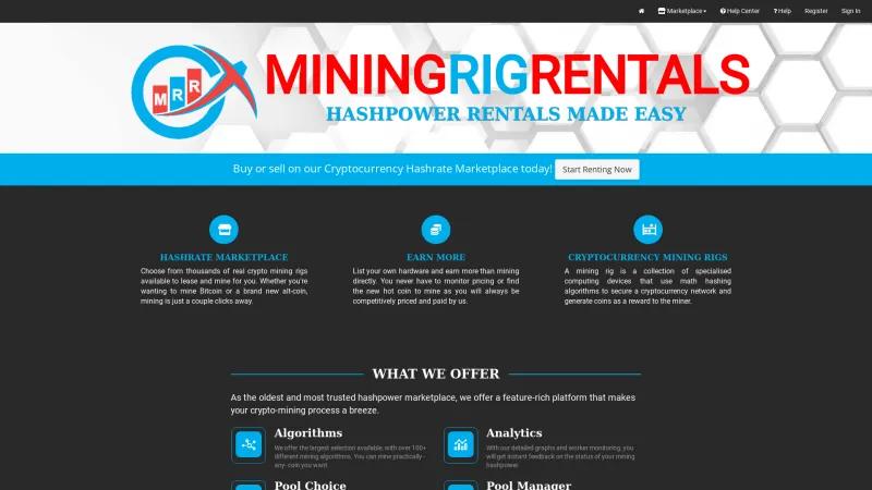 Homepage of MiningRigRentals.com