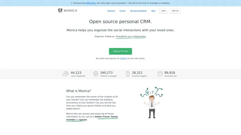 Homepage of Monica CRM