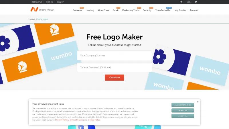 Homepage of Namecheap Logo Maker