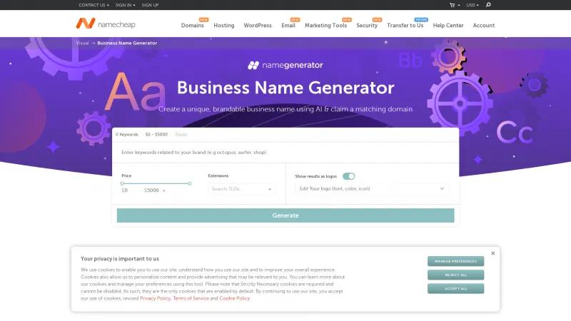 Homepage of Namecheap Business Name Generator