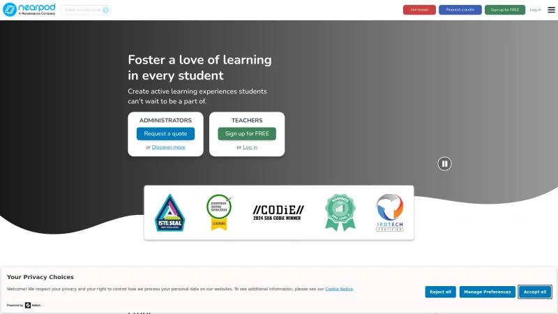 Homepage of Nearpod