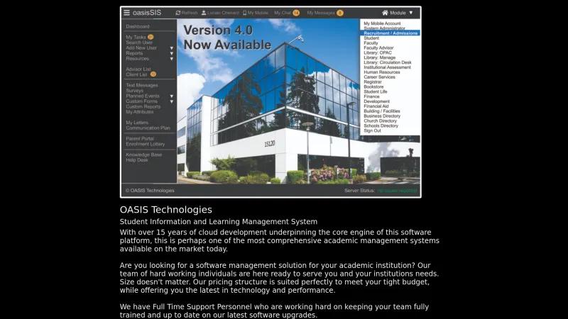 Homepage of OASIS Technologies Management System