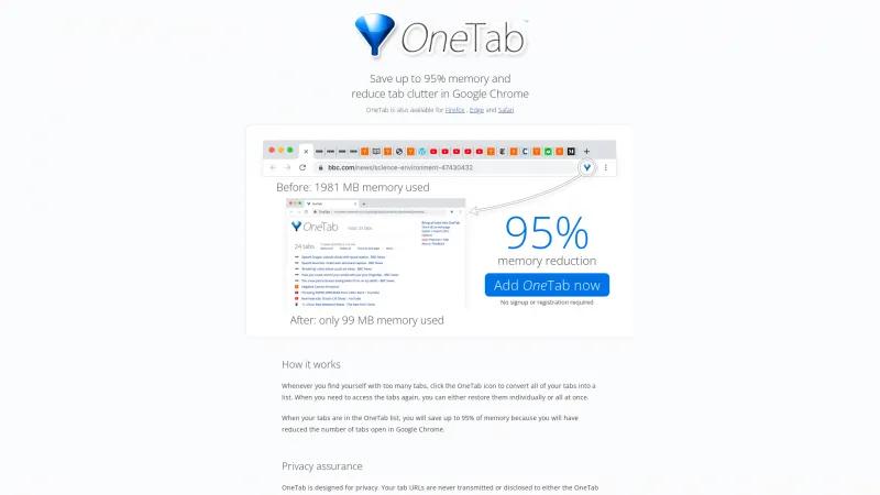 Homepage of OneTab