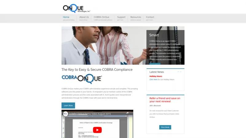 Homepage of COBRA OnQue