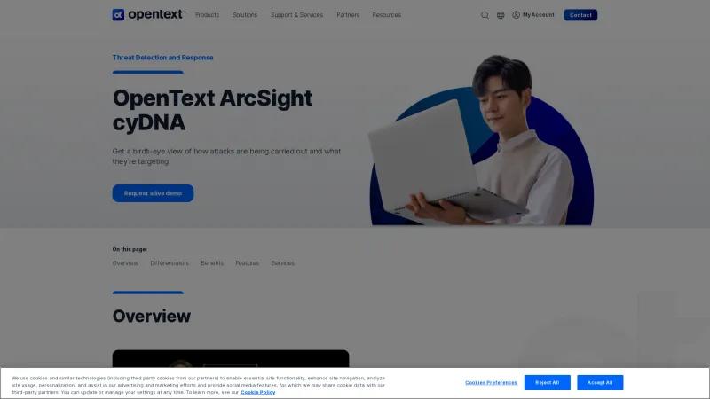 Homepage of OpenText ArcSight cyDNA