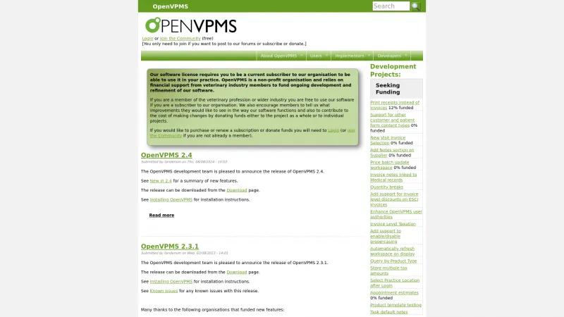 Homepage of OpenVPMS