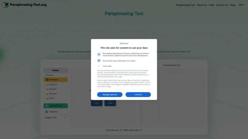 Homepage of Paraphrasing Tool