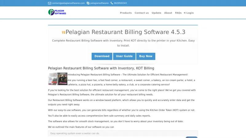 Homepage of Pelagian Restaurant Billing