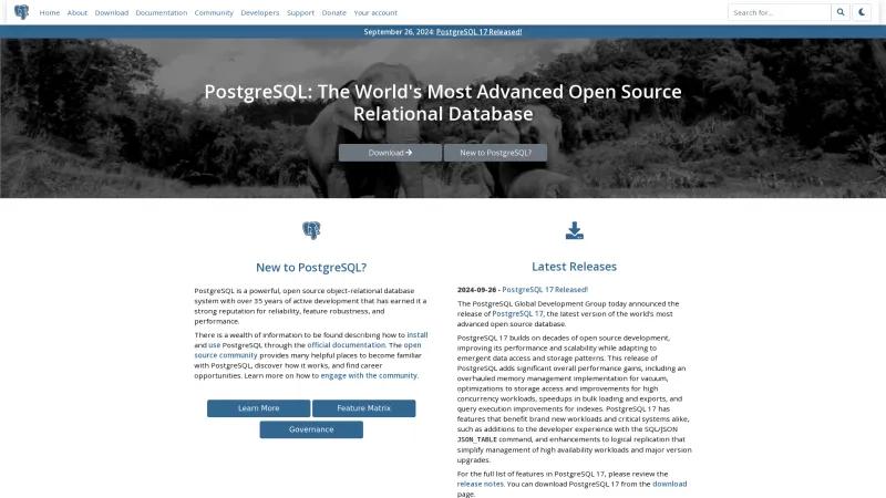 Homepage of PostgreSQL