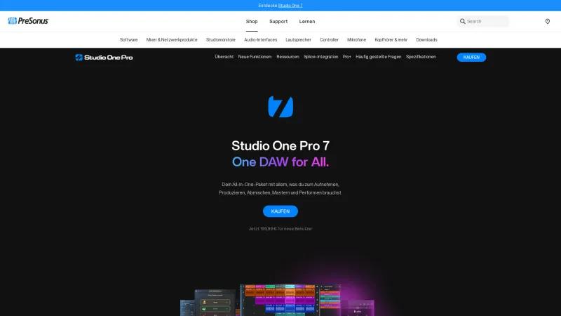 Homepage of PreSonus Studio One