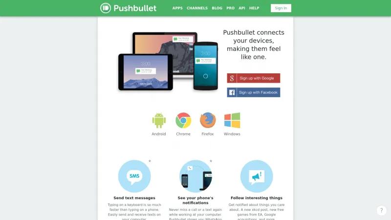 Homepage of Pushbullet