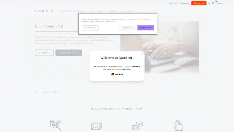 Homepage of Quadient Bulk Mailer SMB