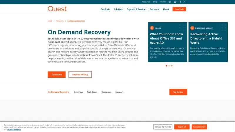 Homepage of Quest On Demand Recovery