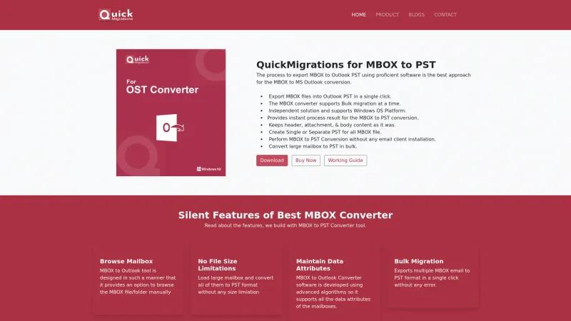 Homepage of QuickMigrations for MBOX to PST