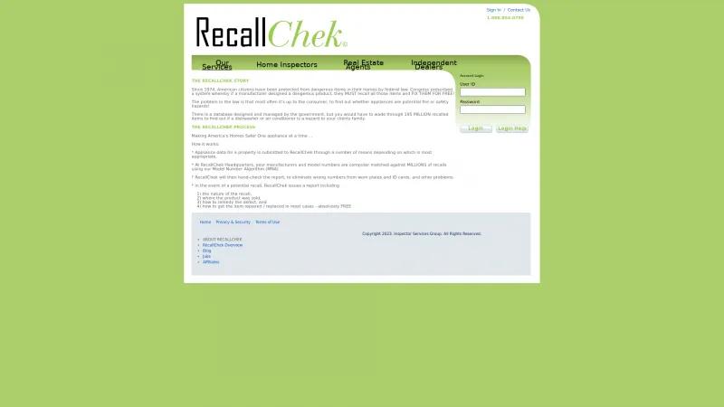 Homepage of RecallChek