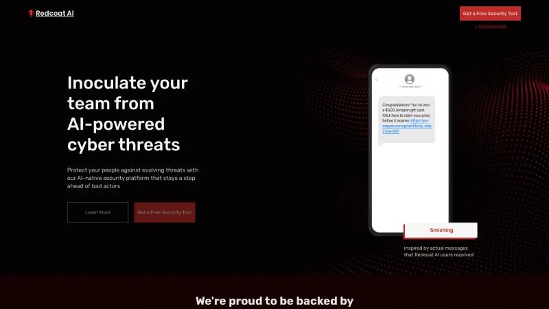 Protect Your Organization from AI-Powered Cyber Threats with Redcoat AI's Innovative Security Solutions Homepage of Redcoat AI