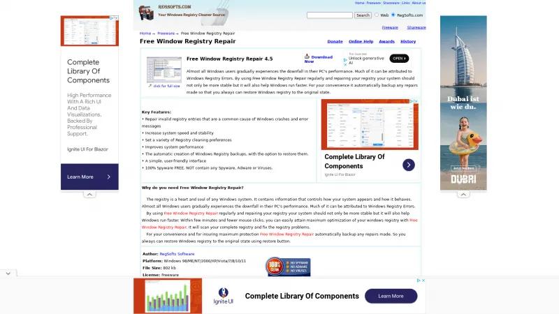 Homepage of RegSofts Free Window Registry Repair